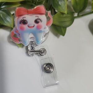 Cute Tooth Badge Reel with Red Bow
